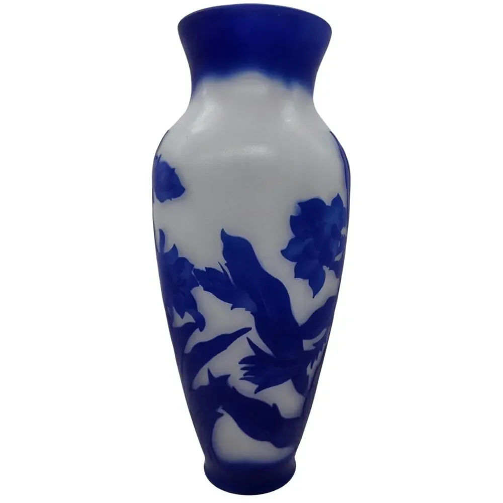 REPRODUCTION GALLE WHITE AND BLUE FLORAL CAMEO VASE 11 1/2